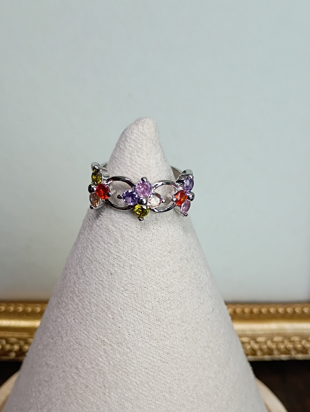 New Multi-Gemstone Floral Silver Ring - Pink, Purple, Red & Green Size 7
